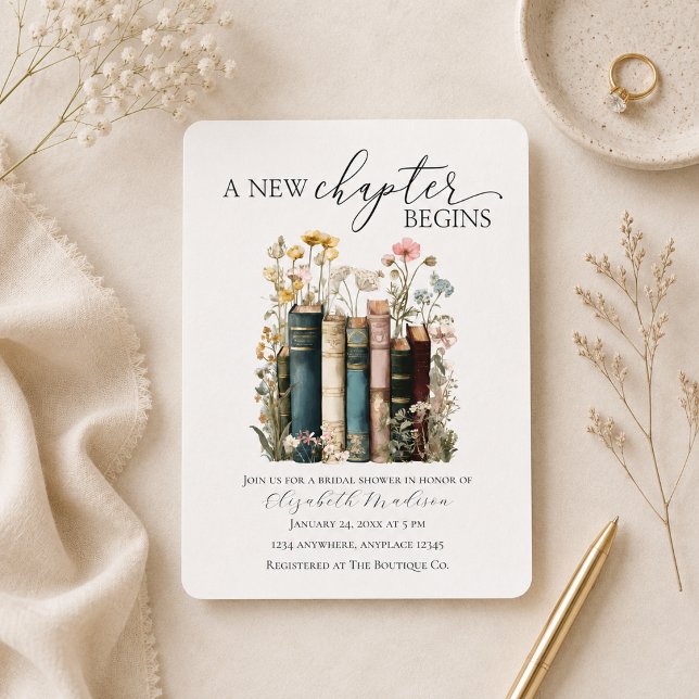 A New Chapter Begins Bridal Shower Invitation (new chapter begins books and wildflowers invite)
