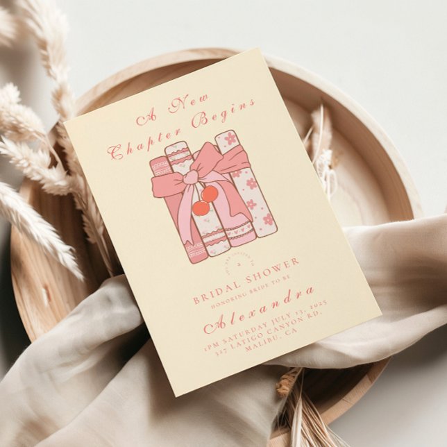 A new chapter begins cherry bow pink bridal shower invitation (Creator Uploaded)
