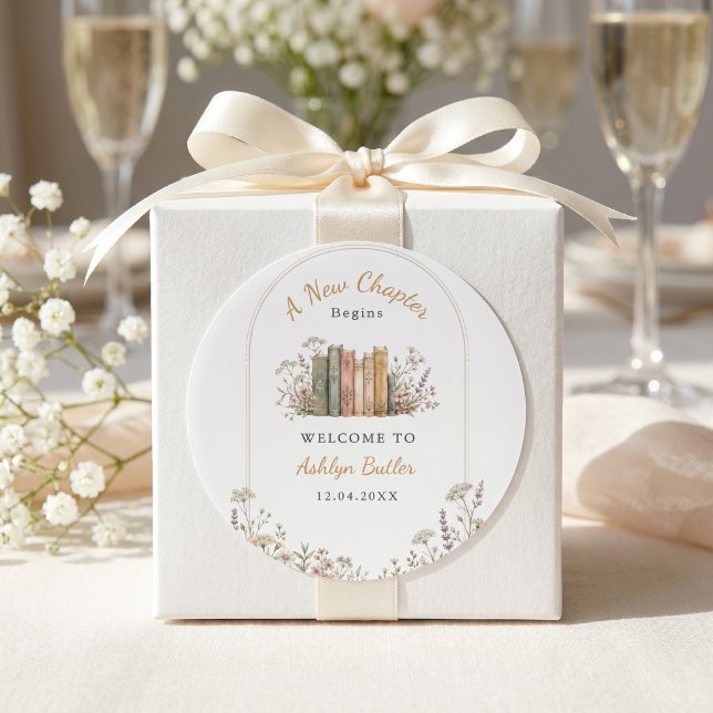 A New Chapter Begins Chic Book Gold Template Classic Round Sticker (Creator Uploaded)