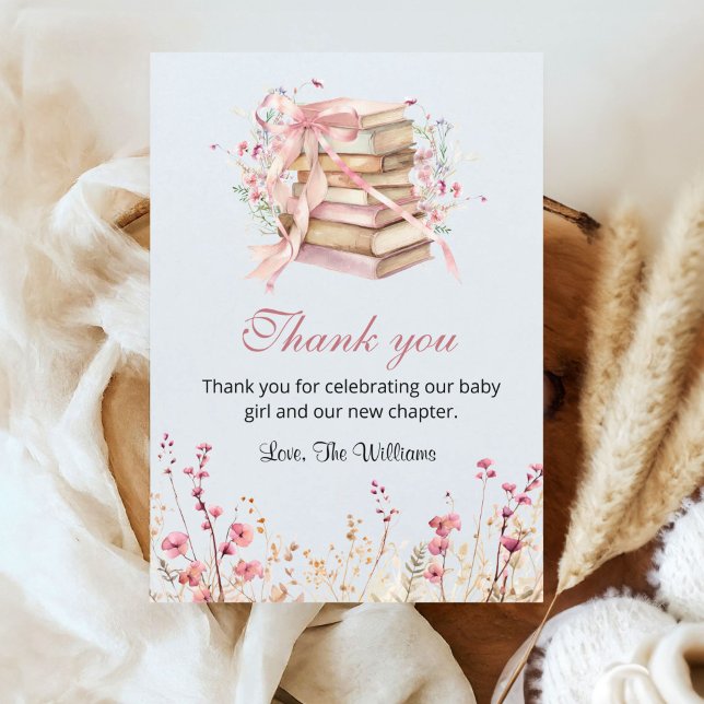 A New Chapter Begins Coquette Books Baby Shower Thank You Card (A new chapter begins Pink Coquette bow baby shower Thank you card)