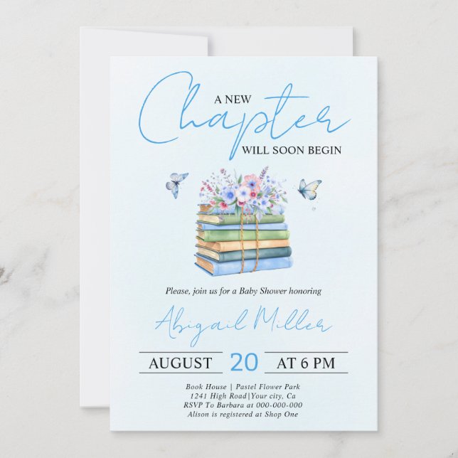 A New Chapter  Begins floral book boy baby shower Invitation (Front)