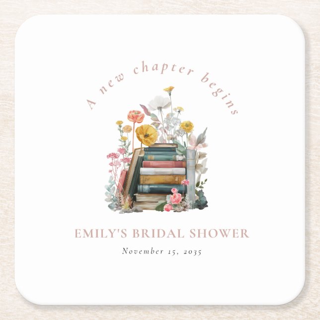 A New Chapter Begins Floral Books Bridal Shower Square Paper Coaster (Front)