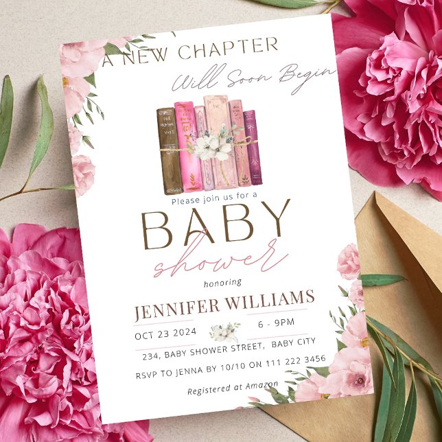 A New Chapter Begins Floral Girl Pink Baby Shower  Invitation (A New Chapter Begins Pink Girl Book Baby Shower Invitation)