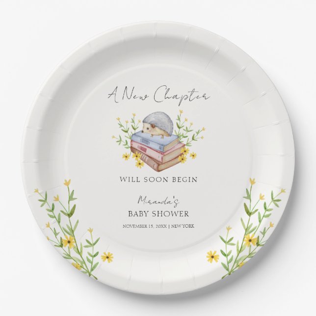 A New Chapter Begins Floral Hedgehog Baby Shower  Paper Plate (Front)
