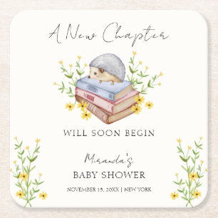 A New Chapter Begins Floral Hedgehog Baby Shower Square Paper Coaster