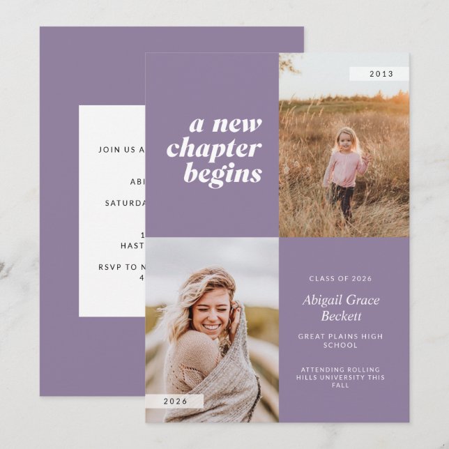 A New Chapter Begins Lilac Graduation Invitation (Front/Back)