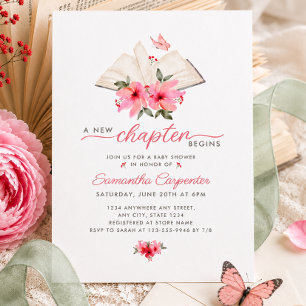 A new chapter begins open book floral baby shower invitation