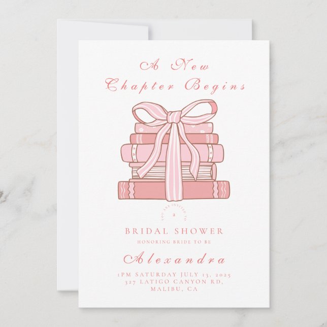 A new chapter begins pink books and bow  invitation (Front)