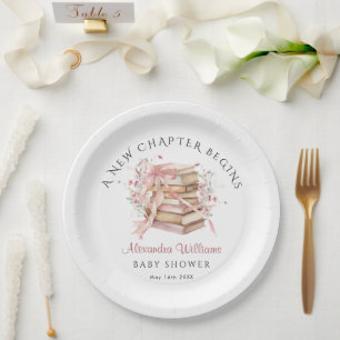 A New Chapter Begins Pink Bow Book Baby Shower Paper Plate