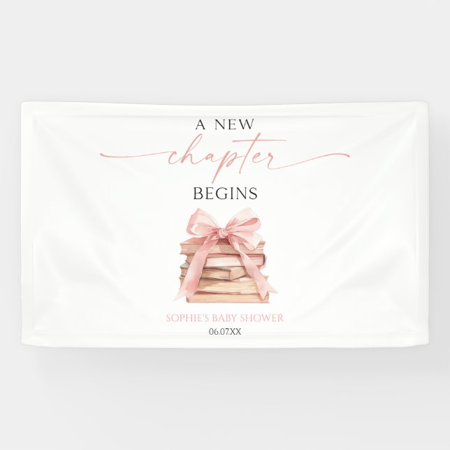 A New Chapter Begins Pink Bow Books Baby Shower Banner (Horizontal)