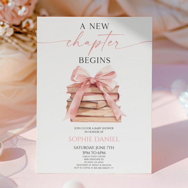 A New Chapter Begins Pink Bow Books Baby Shower Invitation (Creator Uploaded)