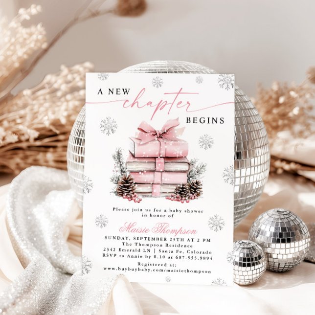A New Chapter Begins Pink Bow Winter Baby Shower Invitation (Creator Uploaded)