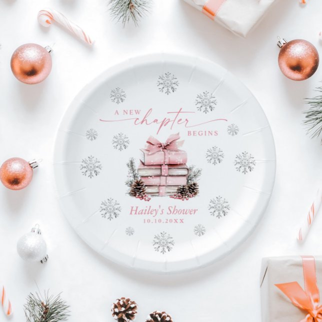 A New Chapter Begins, Pink Bow Winter Baby Shower Paper Plate (Creator Uploaded)