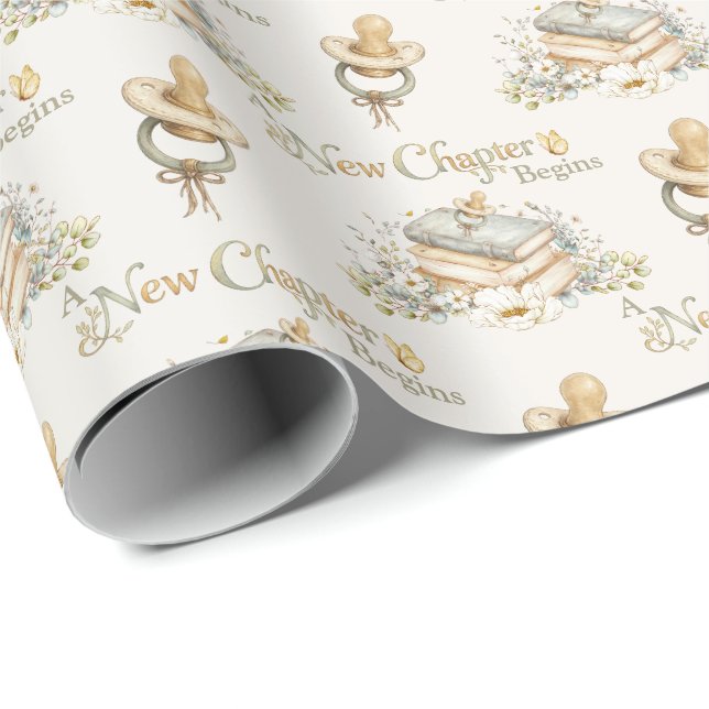 A New Chapter Begins Rustic Book Theme Baby Shower Wrapping Paper (Roll Corner)