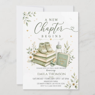 A New Chapter Begins Sage Green Baby Shower Invitation