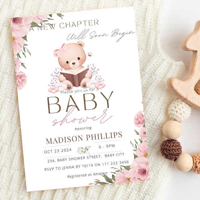 A New Chapter Begins Teddy Girl Pink Baby Shower  Invitation (A New Chapter Begins Teddy Bear Pink Book Baby Shower Invitation)