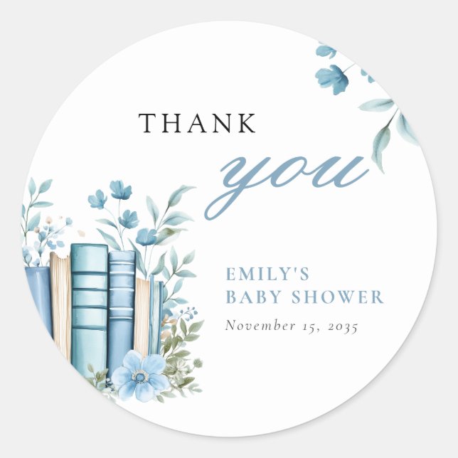 A New Chapter Blue Baby Shower Classic Round Sticker (Front)