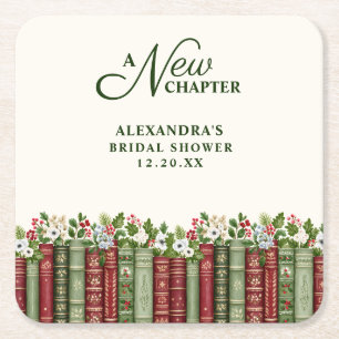 A New Chapter Christmas Book Themed Bridal Shower Square Paper Coaster
