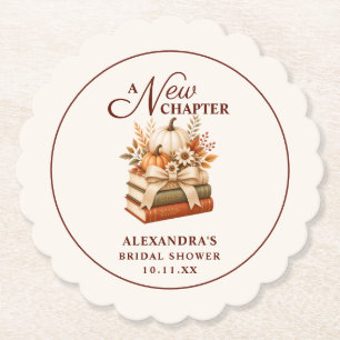 A New Chapter Fall Pumpkin Books Bridal Shower Paper Coaster