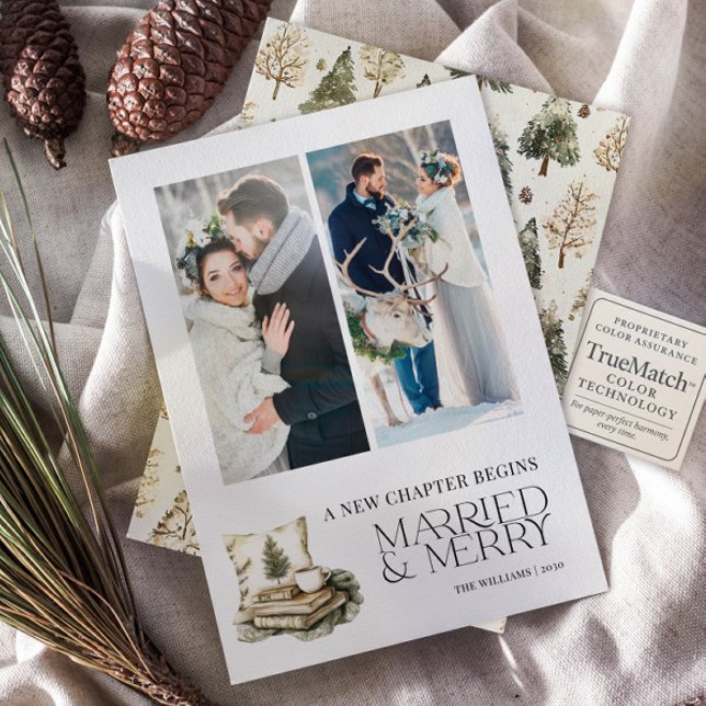 A New Chapter Married & Merry Cosy Neutral 2 Photo Holiday Card (Creator Uploaded)
