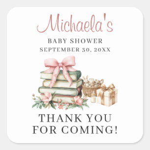 A New Chapter Pink Bow Books Baby Shower Thank You Square Sticker