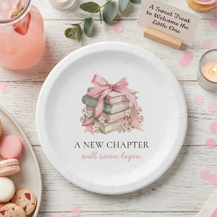 A New Chapter Pink Bow Floral Books Baby Shower Paper Plate