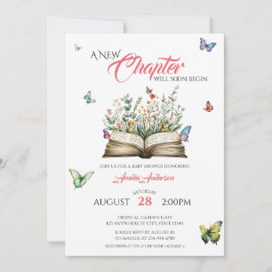 A New Chapter Watercolor Floral Book Butterflies Invitation