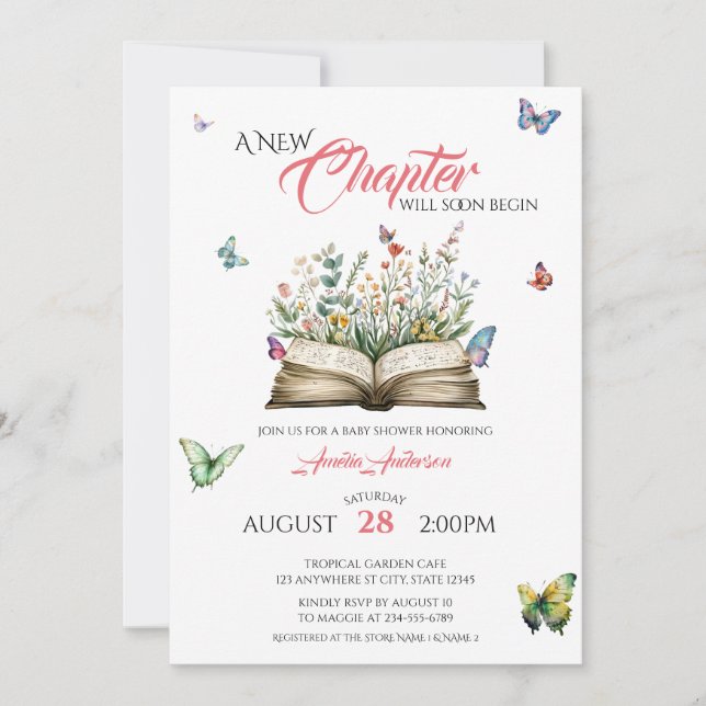 A New Chapter Watercolor Floral Book Butterflies Invitation (Front)