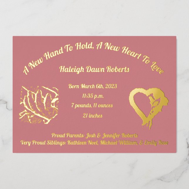 A New Hand To Hold Foil & Photo Birth Announcement (Front)