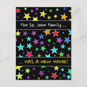 "A NEW HOME!"; Fun, Colourful Stars Pattern Announcement Postcard