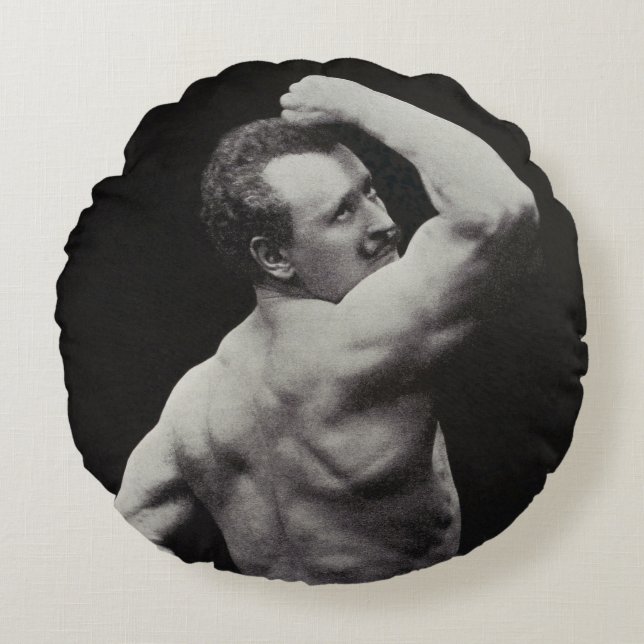 A New Pose by StrongMen Eugen Sandow Bodybuilding Round Cushion (Front)