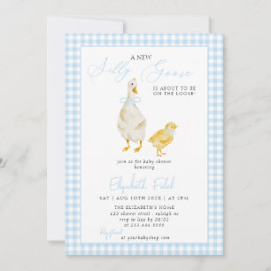 A New Silly Goose Blue Gingham Baby Shower Invitation