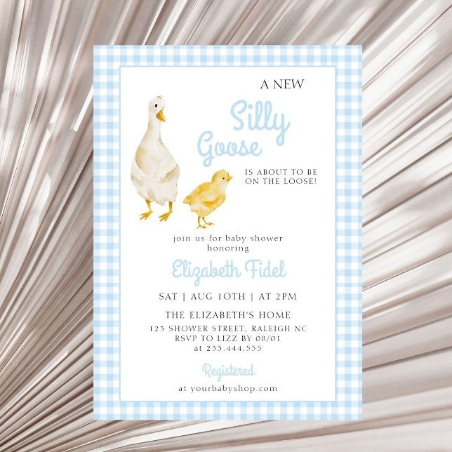 A New Silly Goose Blue Gingham Baby Shower Invitation (Creator Uploaded)