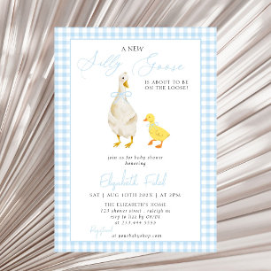 A New Silly Goose Blue Gingham Baby Shower Invitation