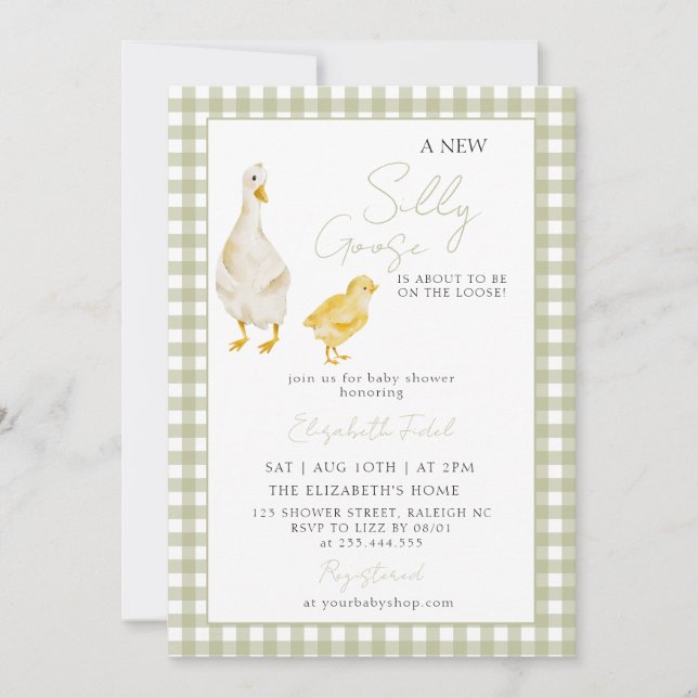 A New Silly Goose Green Gingham Baby Shower Invitation (Front)