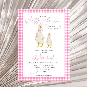 A New Silly Goose Pink Gingham Baby Shower Invitation