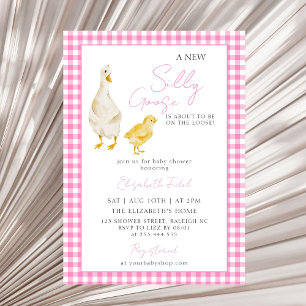 A New Silly Goose Pink Gingham Baby Shower Invitation