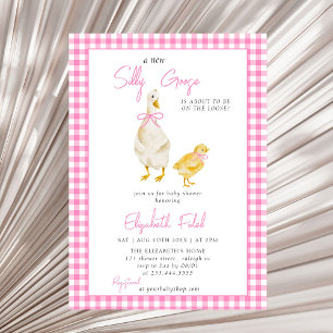 A New Silly Goose Pink Gingham Baby Shower Invitation