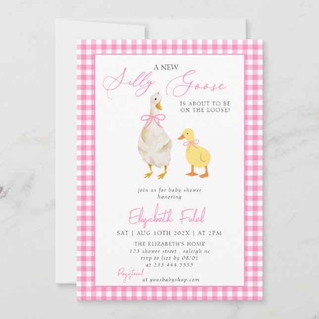 A New Silly Goose Pink Gingham Baby Shower Invitation (Front)