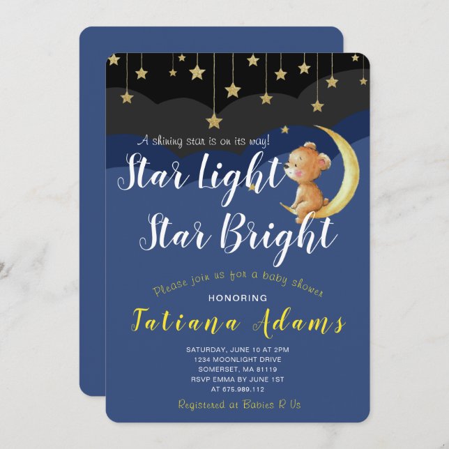 A Newborn Star Night Sky Bear On Moon Baby Shower Invitation (Front/Back)