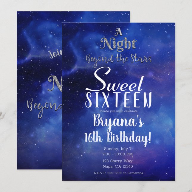 A Night Beyond the Stars Starry Sweet 16 Party  Invitation (Front/Back)