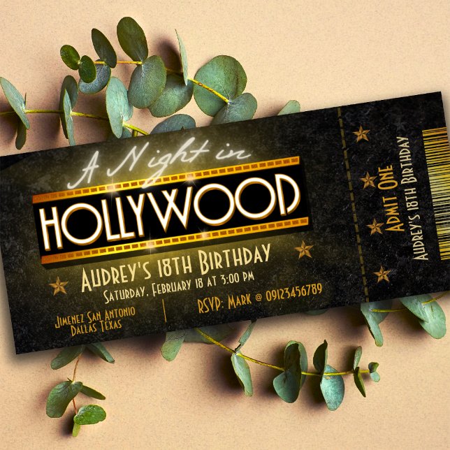 A Night in Hollywood Ticket Invitation (Hollywood Party Ticket Invitation)