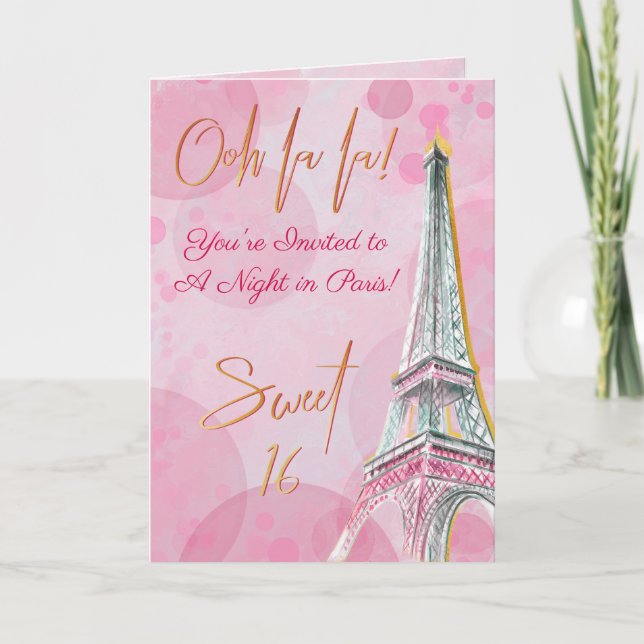 A Night in Paris Pink Gold Eiffel Tower Sweet 16 Invitation (Front)