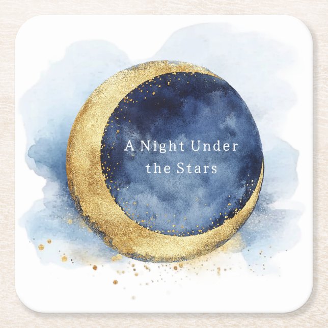 A Night Under Stars Celestial Blue Moon Wedding Square Paper Coaster (Front)
