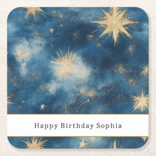 A Night Under the Stars Celestial Blue Birthday Square Paper Coaster