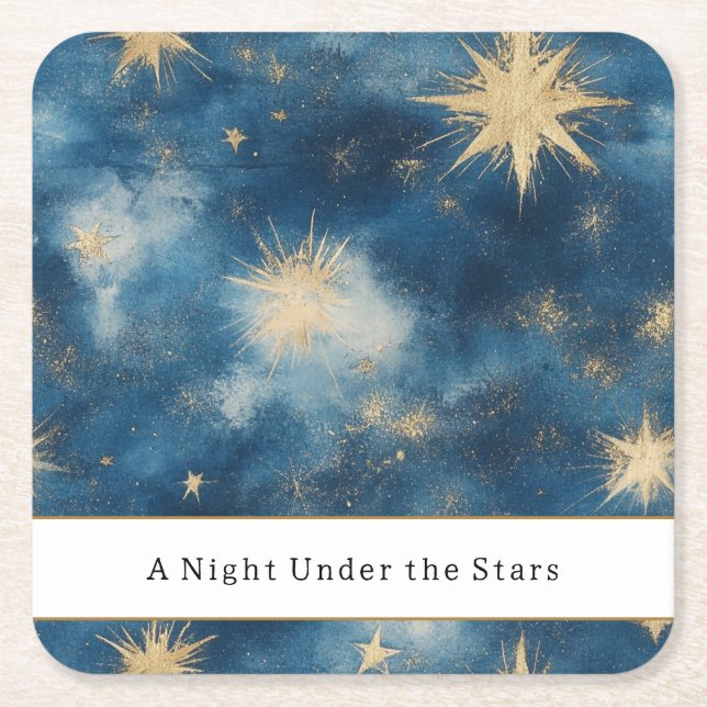A Night Under the Stars Celestial Blue Wedding Square Paper Coaster (Front)