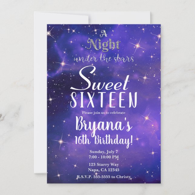 A Night Under the Stars Purple Sky Sweet 16 Invita Invitation (Front)