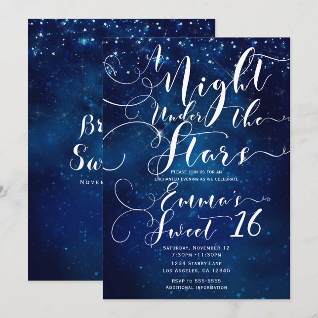 A NIGHT UNDER THE STARS Starry Blue Sky Sweet 16 Invitation (Front/Back)