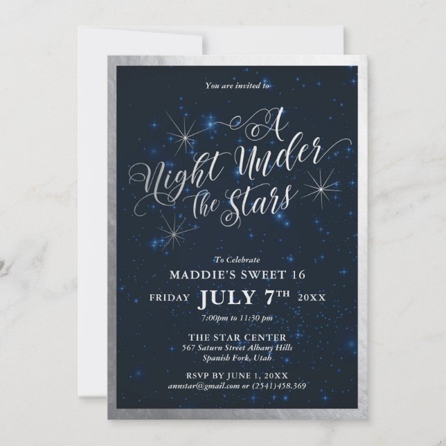 A Night Under the Stars Sweet Sixteen Silver Invitation (Front)