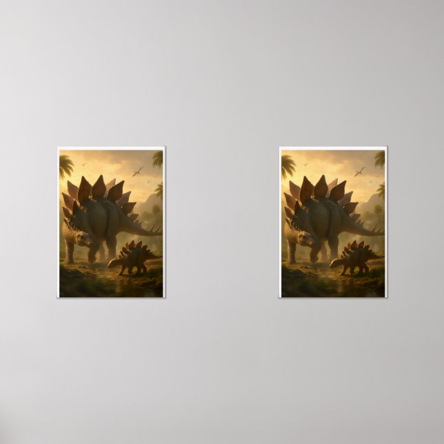 A noble adult Stegosaurus gently guiding its young (Front)